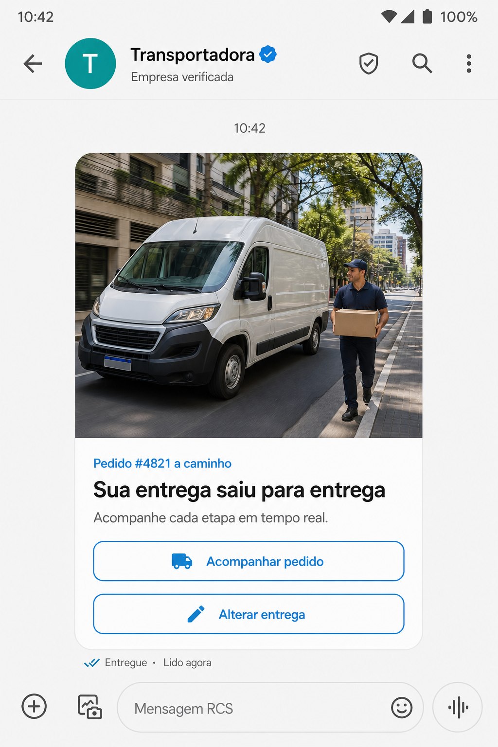 Mensagem RCS realista da Transportadora com rastreamento e opção para alterar a entrega