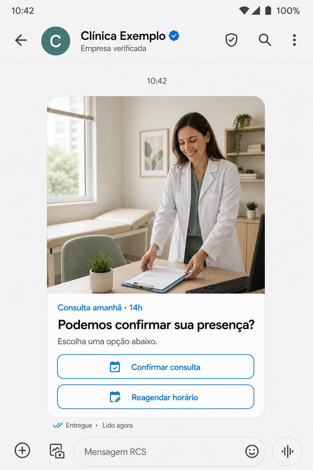 Mensagem RCS realista de saúde com confirmação e reagendamento de consulta