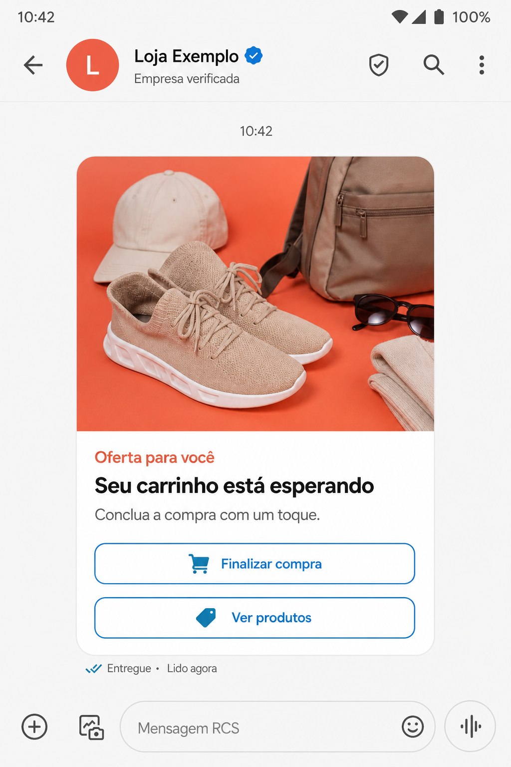 Mensagem RCS realista de varejo com oferta e botões para finalizar a compra